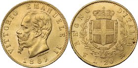 Vittorio Emanuele II (1861-1878). 20 lire 1867 Torino. Pag. 461. Mont. 137. AU. mm. 21.00 SPL.