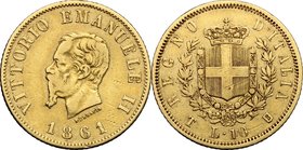 Vittorio Emanuele II (1861-1878). 10 lire 1861 Torino, testa piccola. Pag. 476. Mont. 153. AU. mm. 18.00 RRR. BB.