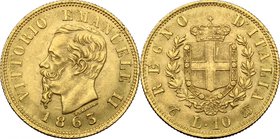 Vittorio Emanuele II (1861-1878). 10 lire 1863 Torino. Pag. 477. Mont. 155. AU. mm. 18.50 Bel BB+.