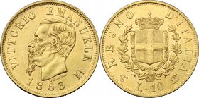 Vittorio Emanuele II (1861-1878). 10 lire 1863 Torino. Pag. 477a. Mont. 156. AU. mm. 19.00 qSPL.