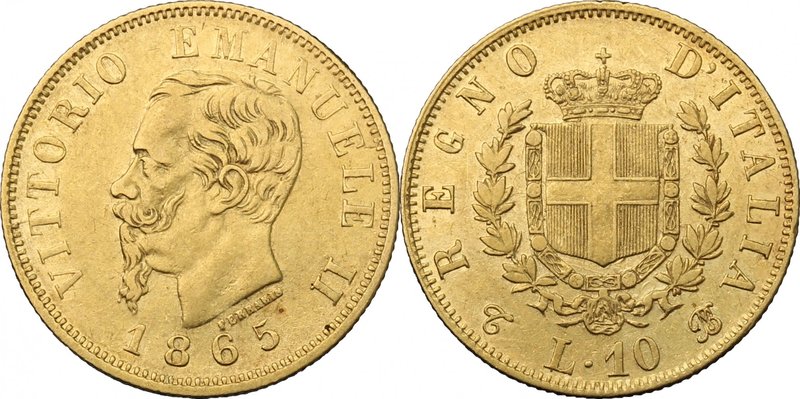 Vittorio Emanuele II (1861-1878). 10 lire 1865 Torino. Pag. 478. Mont. 158. AU. ...