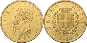 Vittorio Emanuele II (1861-1878). 10 lire 1865 Torino. Pag. 478. Mont. 158. AU. mm. 18.50 R. BB+.