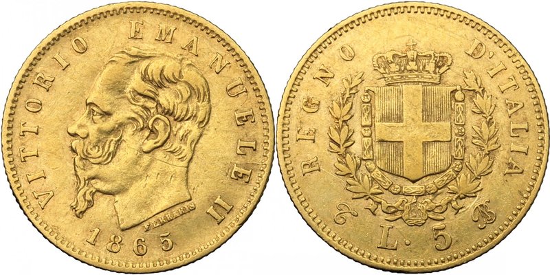 Vittorio Emanuele II (1861-1878). 5 lire 1865 Torino. Pag. 480. Mont. 160. AU. m...