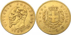 Vittorio Emanuele II (1861-1878). 5 lire 1865 Torino. Pag. 480. Mont. 160. AU. mm. 17.00 RR. BB/BB+.