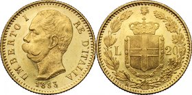 Umberto I (1878-1900). 20 lire 1883. Pag. 579. Mont. 18. AU. mm. 21.00 3 ribattuto (?). Fondi lucenti. qFDC.