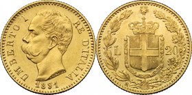 Umberto I (1878-1900). 20 lire 1891. Pag. 586. Mont. 26. AU. mm. 21.00 qFDC/FDC.