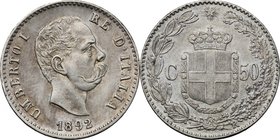 Umberto I (1878-1900). 50 centesimi 1892. Pag. 609. Mont. 56. AG. mm. 18.00 RR. SPL+/qFDC.