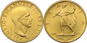 Vittorio Emanuele III (1900-1943). 100 lire 1936. Pag. 650. Mont. 25. AU. mm. 23.50 RRR. Insignificante colpetto sul ciglio. qSPL.