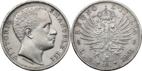 Vittorio Emanuele III (1900-1943). 2 lire 1901. Pag. 725. Mont. 140. AG. mm. 27.00 RR. BB+/qSPL.