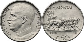 Vittorio Emanuele III (1900-1943). 50 centesimi 1926, contorno liscio. Pag. 808. Mont. 245. NI. mm. 23.80 R. Tiratura in 500 pezzi, emissione per numi...