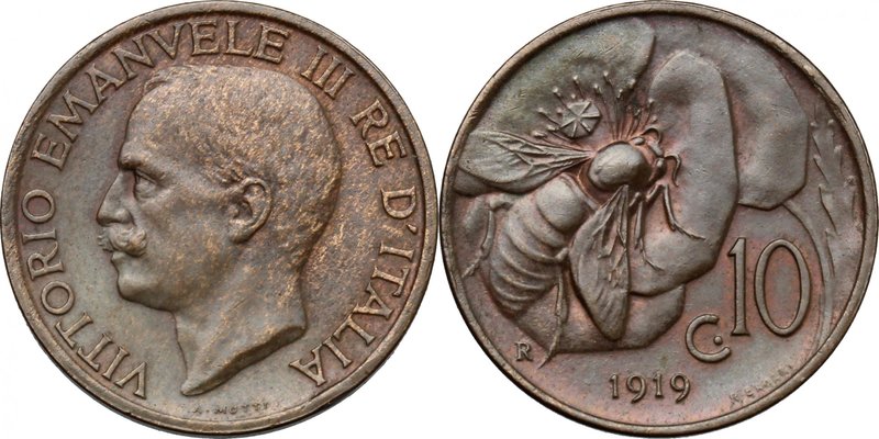 Vittorio Emanuele III (1900-1943). 10 centesimi 1919. Pag. 864. Mont. 328. CU. m...