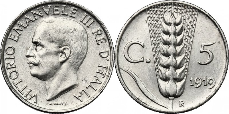 Vittorio Emanuele III (1900-1943). 5 centesimi spiga 1° tipo 1919. Gig. 264. FE/...