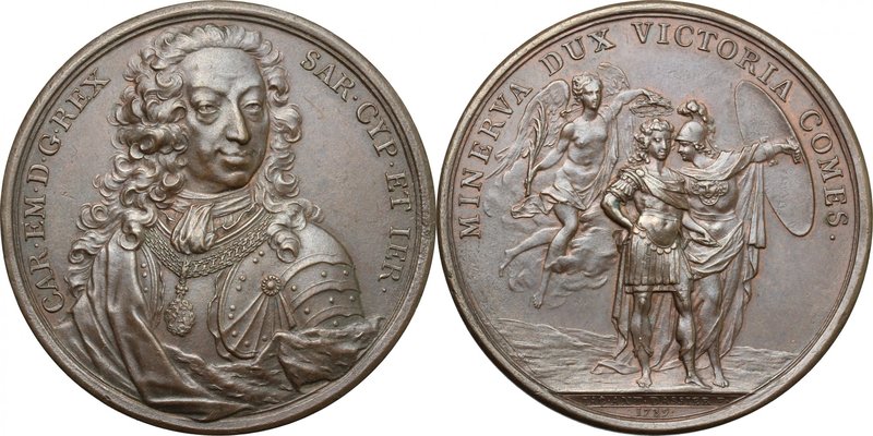 Carlo Emanuele III (1701-1773). Medaglia 1739. D/ CARL EM DGREX SAR CYP ET IER. ...