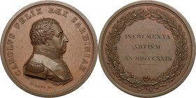 Carlo Felice (1765-1831). Medaglia premio 1829. D/ CARLO FELIX REX SARDINIAE. Busto a destra in uniforme militare, con fascia e collare della Santissi...