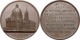 Carlo Alberto (1798-1849). Medaglia 1849 per la morte di Carlo Alberto e la sua sepoltura nella Basilica di Superga. D/ La Basilica di Superga; in ese...