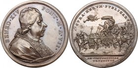 Benedetto XIV (1740-1758), Prospero Lambertini. Medaglia annuale, A. VII, per il viaggio del Pontefice a Civitavecchia. D/ BENED XIV PONT M A VII. Bus...