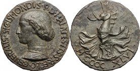 Sigismondo Pandolfo Malatesta (1432-1468), Signore di Rimini. Medaglia 1446. D/ SIGISMONDVS P D MALATESTIS S R ECL C GENERALIS. Busto di Sigismondo a ...