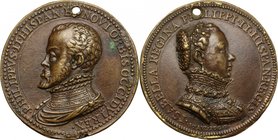 Filippo II di Spagna (1527-1598) e Elisabetta di Valois. Medaglia, c. 1560. D/ PHILIPPVS II HISPAN ET NOVI ORBIS OCCIDVI REX. Busto di Filippo II a si...