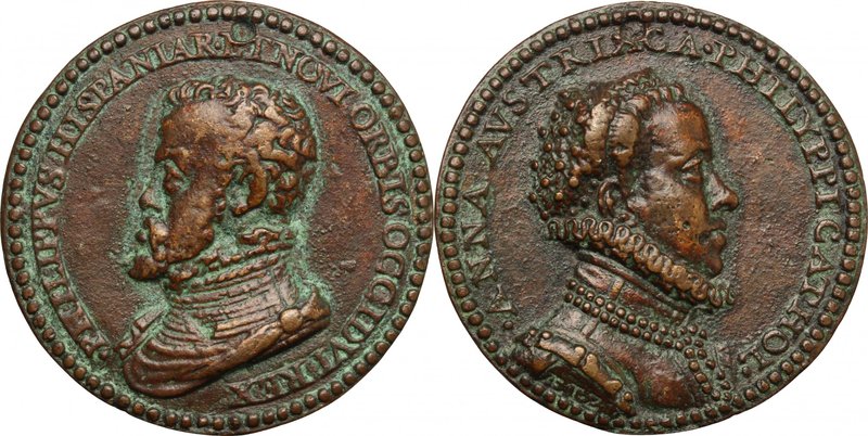Filippo II di Spagna (1527-1598) e Anna d'Austria. Medaglia, c. 1570. D/ PHILIPP...
