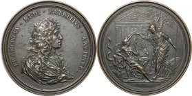 Francesco Redi (1626-1698), medico e poeta. Medaglia 1684. D/ FRANCISCVS REDI PATRITIVS ARETINVS. Busto a destra. Sotto la troncatura del busto, M SOL...
