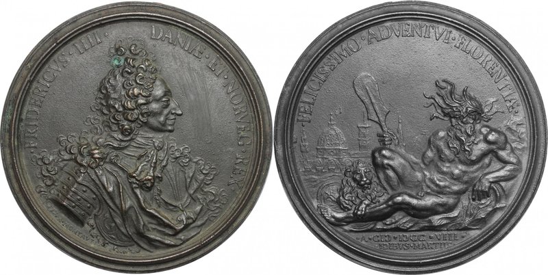 Federico IV (1671-1730), re di Danimarca. Medaglia 1708 con bordo modanato. D/ F...