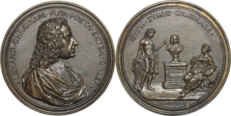 Alessandro Ghivizzani (XVII-XVIII sec.), poeta fiorentino. Medaglia 1750 con bor...