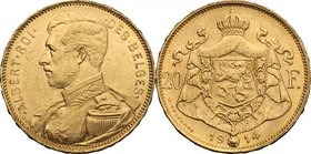 Belgium. Albert I (1889-1922). 20 francs 1914. Fr. 421. AV. g. 6.44 mm. 21.20 Good VF.