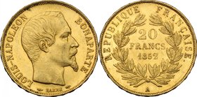 France. Second Republic (1848-1852), Louis Napoleon Bonaparte President. 20 francs 1852. Gad. 1060. Fr. 568. AV. g. 6.47 mm. 21.00 EF/Good EF.