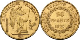 France. Third republic (1871-1940). 20 francs 1894. Gad. 1063. Fr. 592. AV. g. 6.44 mm. 21.00 Scarce. Mintage of 490.838 pieces. About EF.