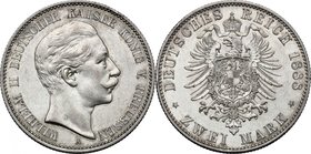 Germany. Prussia. Wilhelm II (1888-1918). 2 mark 1888 A, Berlin mint. KM 511. AR. g. 11.11 mm. 28.00 RR. Minor edge bumps and faint scratches on obver...