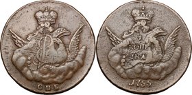 Russia. Elisabeth (1741-1761). Kopek 1755, St. Petersburg mint. Bitkin 532. AE. g. 21.51 mm. 33.50 Overstruck on 5 kopeks of Peter II. VF/Good VF.
