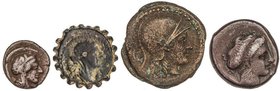 GREEK COINS
 Lote 4 monedas . AE, AR. Estatera de Campania Neapolis, Triobolo de Atenas y 2 AE de Seleuco II y Antioco IV. A EXAMINAR. MBC- a MBC .