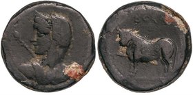 CELTIBERIAN COINS
As. 100-50 a.C. BORA (Cerca de ALCAUDETE, Jaén). Anv.: Busto femenino con velo a izquierda, delante cetro. Rev.: Toro a izquierda, ...