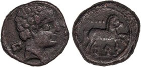 CELTIBERIAN COINS
Cuadrante. 120-80 a.C. BURSAU (BORJA, Zaragoza). Anv.: Cabeza masculina a derecha, detrás signo ibérico Bu. Rev.: Caballo galopando...