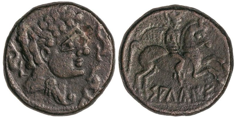 CELTIBERIAN COINS
As. 120-30 a.C. SALDUIE (ZARAGOZA). Anv.: Cabeza masculina a ...