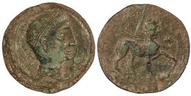 CELTIBERIAN COINS
As. 180 a.C. CASTULO (CAZLONA, Jaén). Anv.: Cabeza masculina diademada a derecha, delante mano. Rev.: Esfinge a derecha, delante es...
