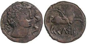 CELTIBERIAN COINS
As. 120-50 a.C. CELSE (VELILLA DE EBRO, Zaragoza). Anv.: Cabeza masculina a derecha, delante delfines, detrás CEL. Rev.: Jinete con...