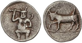 CELTIBERIAN COINS
Hemidracma. 200-100 a.C. EBUSUS (IBIZA). Anv.: Bes con martillo y serpiente. Rev.: Toro a izquierda. 2,38 grs. AR. Plata ligerament...