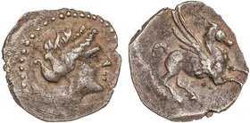 CELTIBERIAN COINS
Tritartemorion. 220-150 a.C. EMPORITON (EMPÚRIES, Girona). Anv.: Cabeza femenina a derecha. Rev.: Pegaso a derecha. 0,50 grs. AR. A...