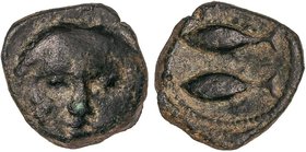 CELTIBERIAN COINS
1/2 Calco. 200-100 a.C. GADES (CÁDIZ). Anv.: Cabeza de frente. Rev.: Dos atunes a izquierda. 2,60 grs. AE. Pátina oscura. AB-1333. ...