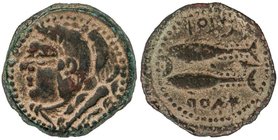 CELTIBERIAN COINS
As. 100-20 a.C. GADES (CÁDIZ). Anv.: Cabeza de Hércules con piel de león a izquierda, detrás clava. Rev.: Dos atunes a izquierda, a...