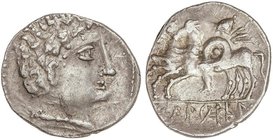 CELTIBERIAN COINS
Denario. 120-20 a.C. ICALCUSCEN (INIESTA, Cuenca). Anv.: Cabeza masculina a derecha. Rev.: Jinete con rodela y clámide, llevando un...