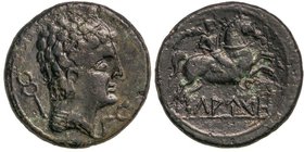 CELTIBERIAN COINS
As. 120-20 a.C. LAURO (LLERONA, Barcelona). Anv.: Cabeza masculina a derecha, delante círculo, detrás caduceo. Rev.: Jinete con pal...