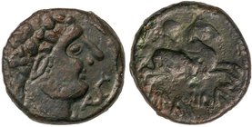 CELTIBERIAN COINS
As. 120-20 a.C. OLCAIRUN (Zona de NAVARRA). Anv.: Cabeza barbada a derecha, delante delfín. Rev.: Jinete con espada a derecha, deba...