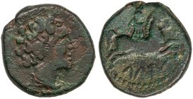 CELTIBERIAN COINS
As. 50-20 a.C. OLONTIGI (AZNALCÁZAR, Sevilla). Anv.: Cabeza masculina a derecha. Rev.: Jinete a derecha, debajo leyenda púnica. 11,...