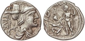 ROMAN COINS: ROMAN REPUBLIC
 Denario . 137 a.C . VETURIA-1 . Ti. Veturius . Anv.: Cabeza de Marte a derecha, detrás X y TI. VET. 3,74 grs. AR. (Hojit...