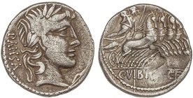 ROMAN COINS: ROMAN REPUBLIC
Denario. 90 a.C. VIBIA-2d. C. Vibius C. f. Pansa. Anv.: Cabeza laureada de Apolo a derecha, rizos en la nuca y pelo en mo...