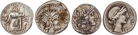 ROMAN COINS: ROMAN REPUBLIC
 Lote 4 monedas Denario . ANÓNIMA, AEMILIA (2), FABIA . AR. A EXAMINAR. FFC-39, 103, 119, 697. MBC- a MBC+ .