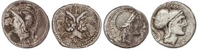 ROMAN COINS: ROMAN REPUBLIC
 Lote 4 monedas Denario . FURIA, HERENNIA, LUTATIA, MINUCIA . AR. A EXAMINAR. FFC-731, 743, 828, 928. MBC- a MBC .