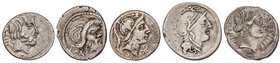 ROMAN COINS: ROMAN REPUBLIC
 Lote 5 monedas Denario . POBLICIA, SCRIBANIA, SERVILIA, TITUIA, VIBIA . AR. A EXAMINAR. FFC-1012, 1102, 1117, 1147, 1219...